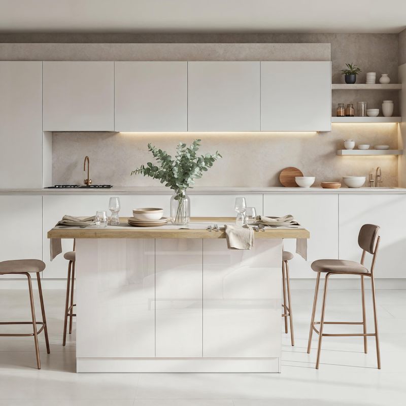 Table ilot de cuisine 160 cm OCTAVE 3 portes en blanc brillant et décor chêne cadiz