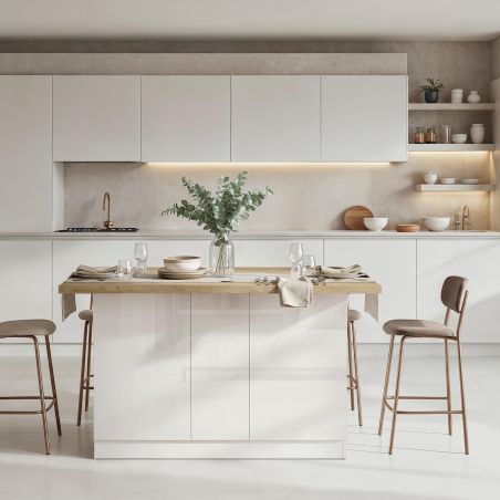 Table ilot de cuisine 160 cm OCTAVE 3 portes en blanc brillant et décor chêne cadiz
