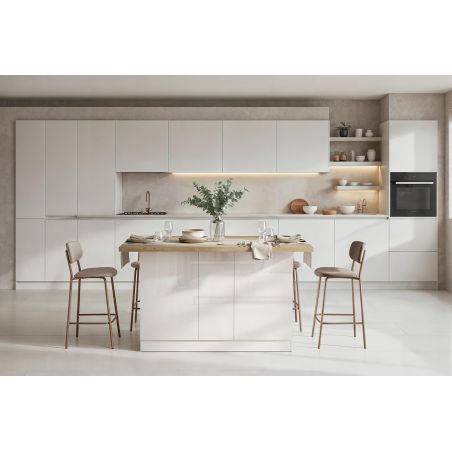 Table ilot de cuisine 160 cm OCTAVE 3 portes en blanc brillant et décor chêne cadiz