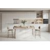 Table ilot de cuisine 160 cm OCTAVE 3 portes en blanc brillant et décor chêne cadiz