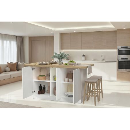 Table ilot de cuisine 160 cm OCTAVE 3 portes en blanc brillant et décor chêne cadiz