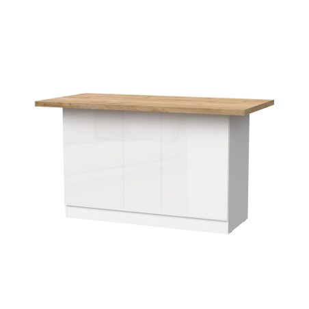 Table ilot de cuisine 160 cm OCTAVE 3 portes en blanc brillant et décor chêne cadiz