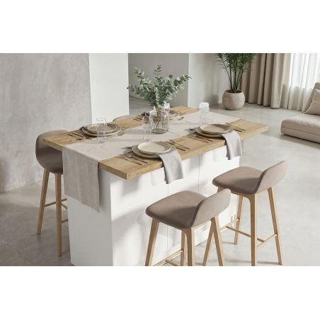 Table ilot de cuisine 160 cm OCTAVE 3 portes en blanc brillant et décor chêne cadiz