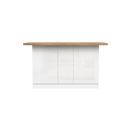 Table ilot de cuisine 160 cm OCTAVE 3 portes en blanc brillant et décor chêne cadiz