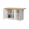 Table ilot de cuisine 160 cm OCTAVE 3 portes en blanc brillant et décor chêne cadiz