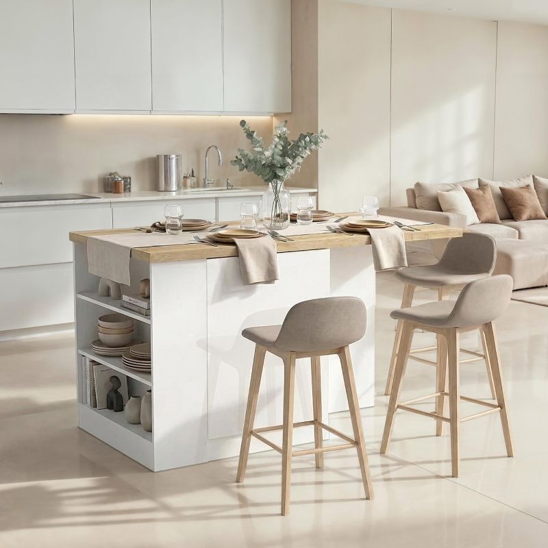 Table ilot de cuisine 160 cm OCTAVE avec 2 portes et 3 niches