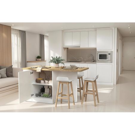 Table ilot de cuisine 160 cm OCTAVE avec 2 portes et 3 niches