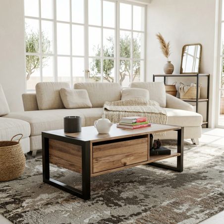 Table basse 105 cm HALDIR avec 1 tiroir en décor pin atlantic