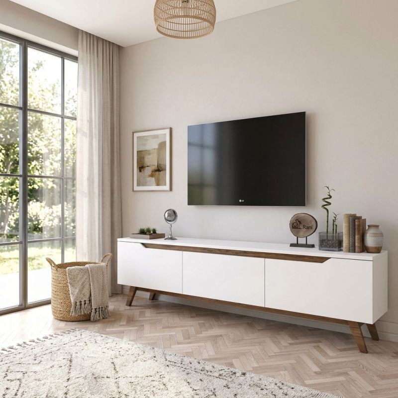 Meuble TV 180 cm ERIC en décor blanc et noyer