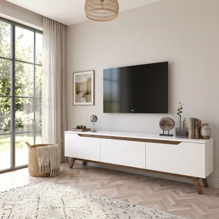 Meuble TV 180 cm ERIC en décor blanc et noyer
