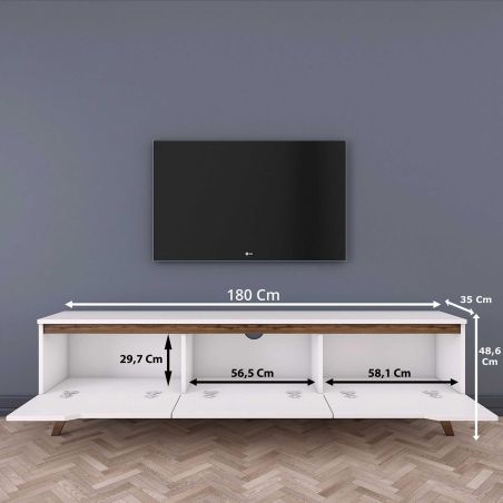 Meuble TV 180 cm ERIC en décor blanc et noyer