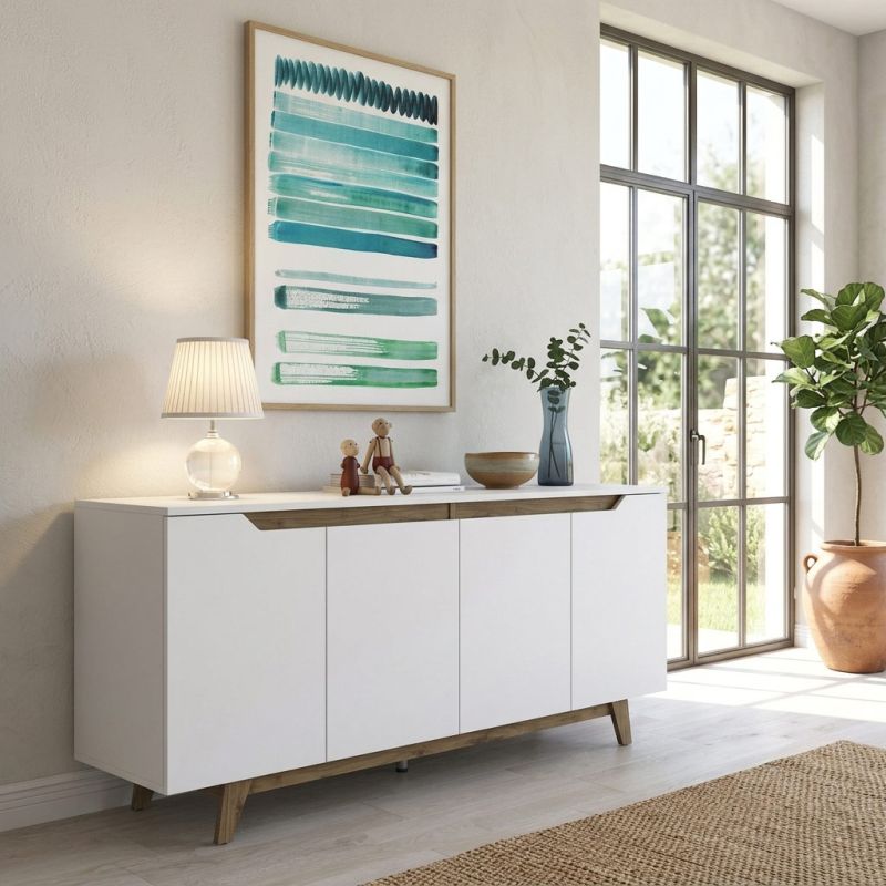 Buffet 180 cm ERIC en décor blanc et noyer