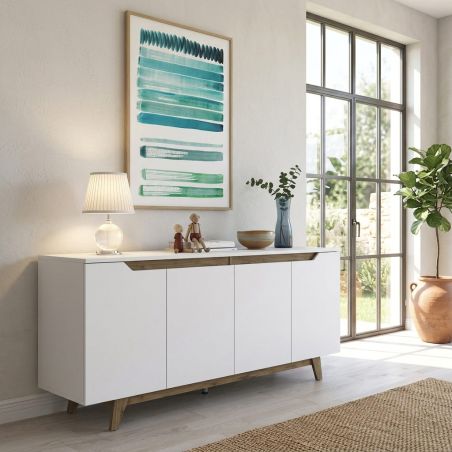 Buffet 180 cm ERIC en décor blanc et noyer