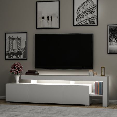 Meuble TV 192 cm BERLIOZ en décor blanc mat avec éclairage LED