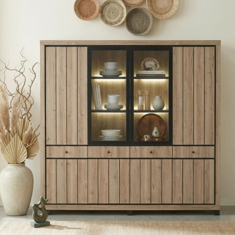 Vaisselier 240 cm GREGORY en décor chêne estival avec éclairage LED inclus