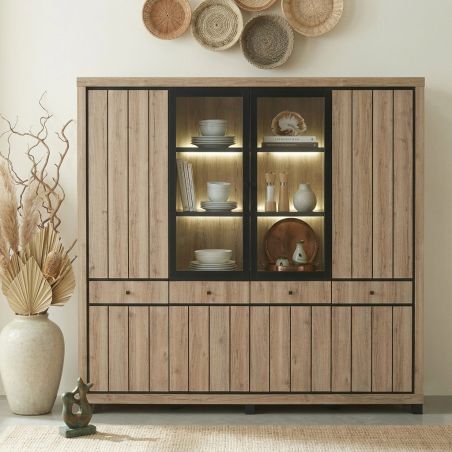 Vaisselier 240 cm GREGORY en décor chêne estival avec éclairage LED inclus