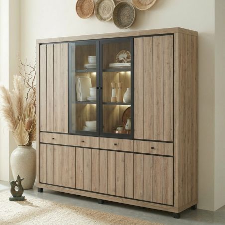 Vaisselier 240 cm GREGORY en décor chêne estival avec éclairage LED inclus