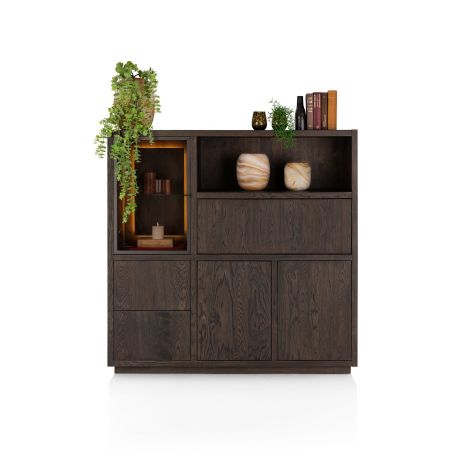 Gijon, highboard 145 cm - 1-porte de verre + 2-portes + 2-tiroirs + 1-p. rabattante + 1-niche (+LED) - Henders and Hazel