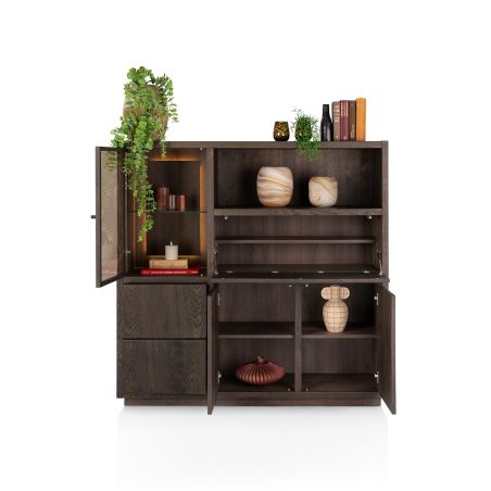 Gijon, highboard 145 cm - 1-porte de verre + 2-portes + 2-tiroirs + 1-p. rabattante + 1-niche (+LED) - Henders and Hazel