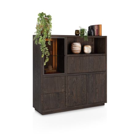 Gijon, highboard 145 cm - 1-porte de verre + 2-portes + 2-tiroirs + 1-p. rabattante + 1-niche (+LED) - Henders and Hazel