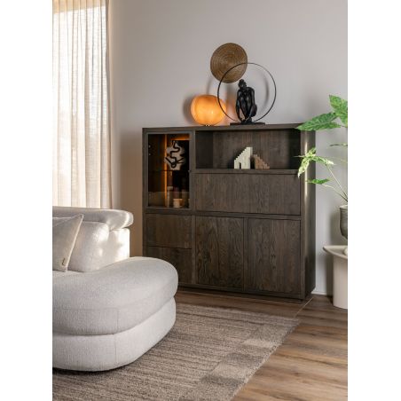 Gijon, highboard 145 cm - 1-porte de verre + 2-portes + 2-tiroirs + 1-p. rabattante + 1-niche (+LED) - Henders and Hazel