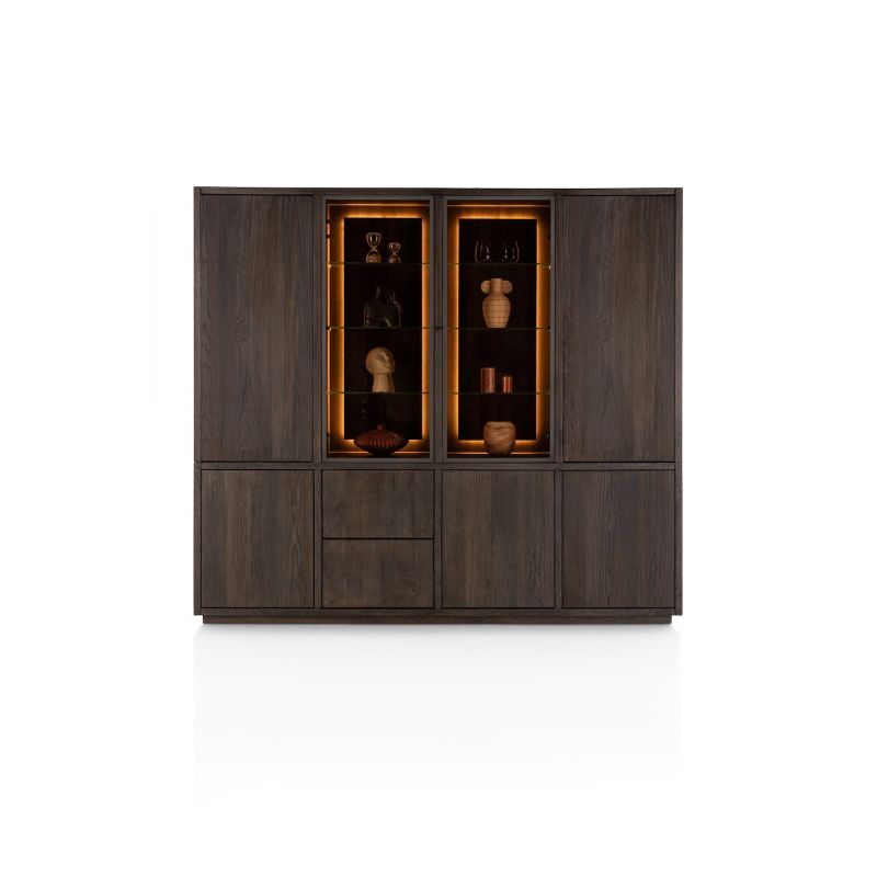 Gijon, vaisselier 240 cm - 2-portes de verres + 5-portes + 2-tiroirs (+ LED) + plinthe