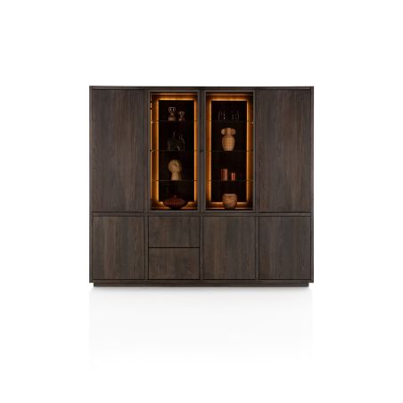 Gijon, vaisselier 240 cm - 2-portes de verres + 5-portes + 2-tiroirs (+ LED) + plinthe