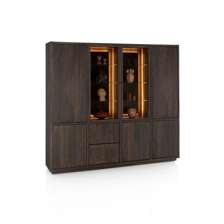 Gijon, vaisselier 240 cm - 2-portes de verres + 5-portes + 2-tiroirs (+ LED) + plinthe