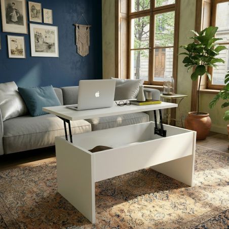 Table basse relevable ENKI en coloris blanc