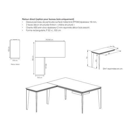 Retour direct pour bureau E-MOTION avec plateau décor chêne structuré