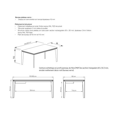Bureau droit 170 cm ou 190 cm E-MOTION plateau verre teinté noir