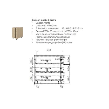 Caisson mobile 3 tiroirs E-MOTION chêne structuré