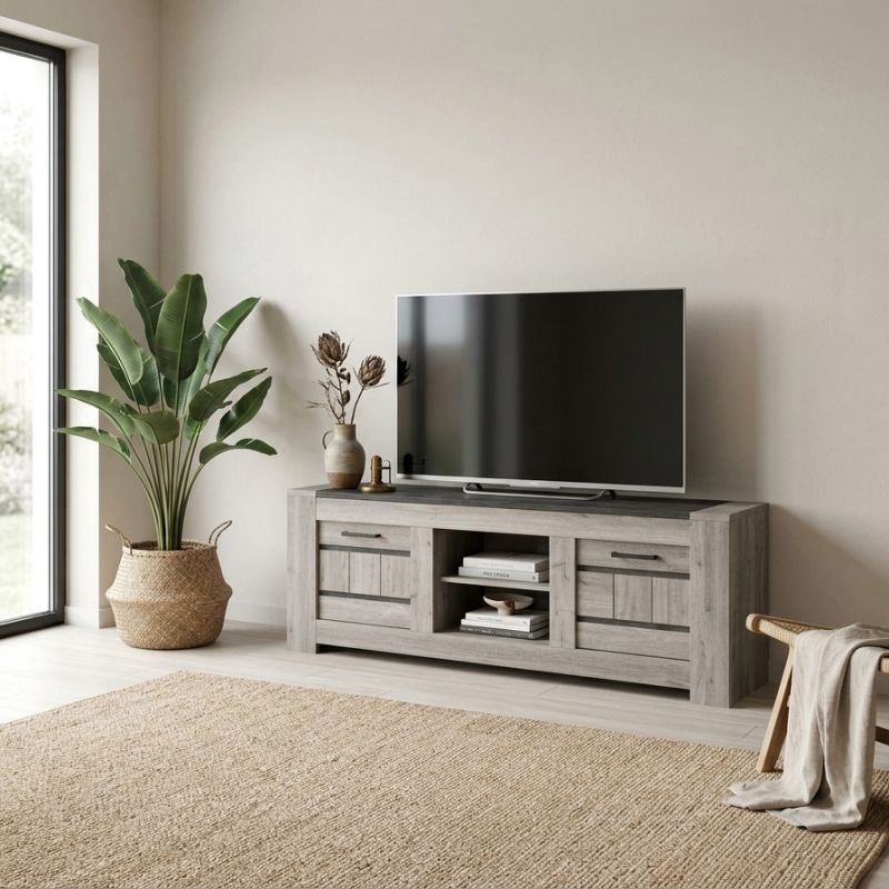 Meuble TV 155 cm SAWYER en décor chêne gris