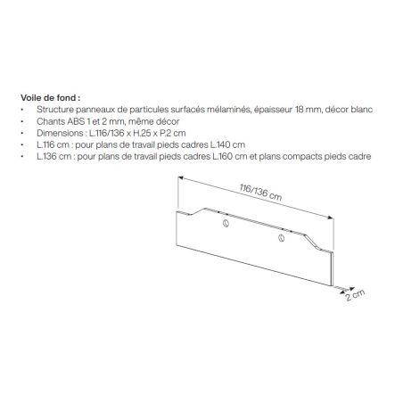 Voile de fond blanc SUNDAY pour bureau droit 140 cm ou 160 cm