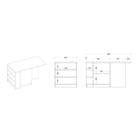 Table ilot de cuisine 160 cm OCTAVE avec 2 portes et 3 niches