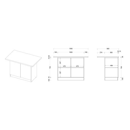 Table ilot de cuisine 130 cm OCTAVE en blanc brillant et décor chêne cadiz