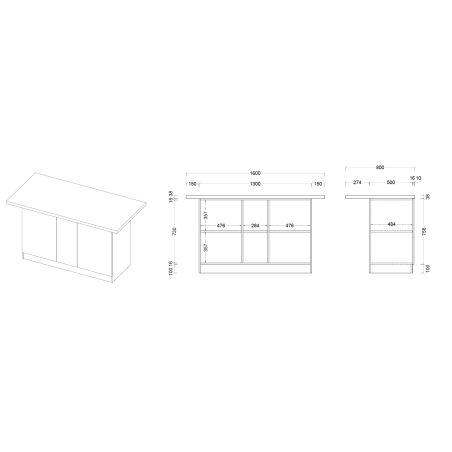 Table ilot de cuisine 160 cm OCTAVE 3 portes en blanc brillant et décor chêne cadiz