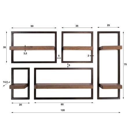 Set de 5 étagères murales TALOS en bois d'acacia brun et métal