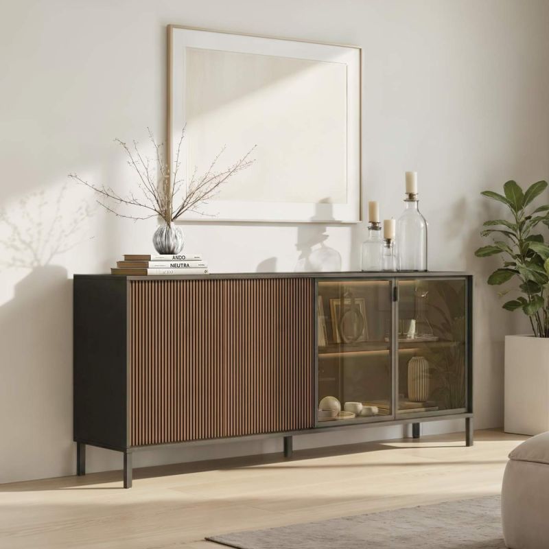 Buffet 205 cm DENZEL avec 4 portes en décor lave et chêne mercure