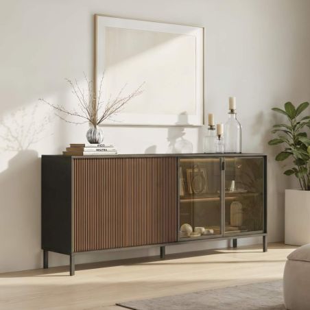 Buffet 205 cm DENZEL avec 4 portes en décor lave et chêne mercure