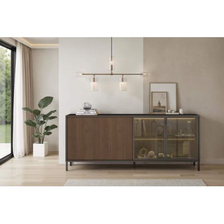 Buffet 205 cm DENZEL avec 4 portes en décor lave et chêne mercure