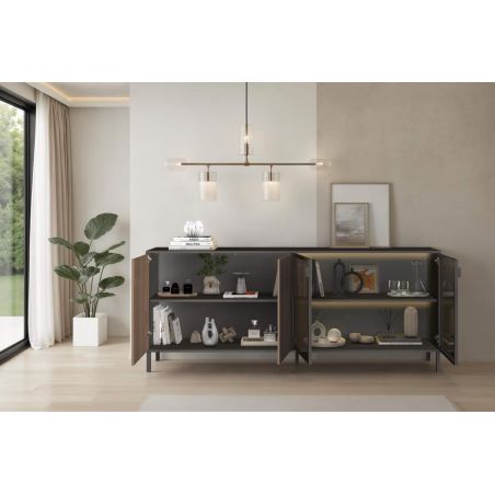 Buffet 205 cm DENZEL avec 4 portes en décor lave et chêne mercure