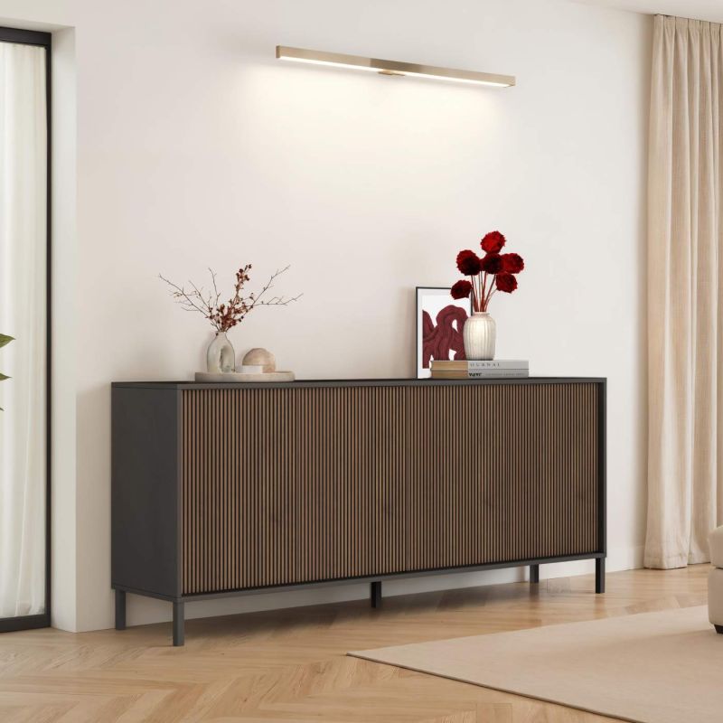 Buffet 205 cm DENZEL avec 4 portes en bois cannelé décor lave / chêne mercure