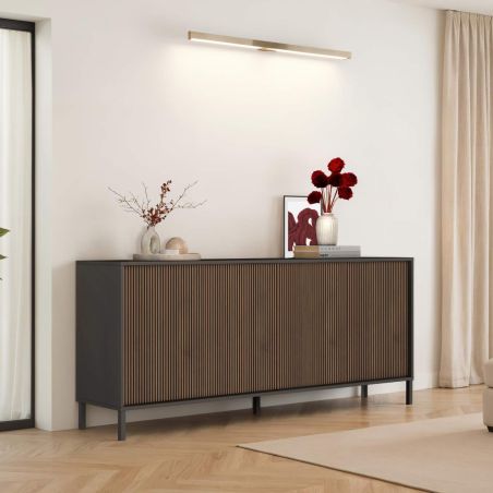 Buffet 205 cm DENZEL avec 4 portes en bois cannelé décor lave / chêne mercure