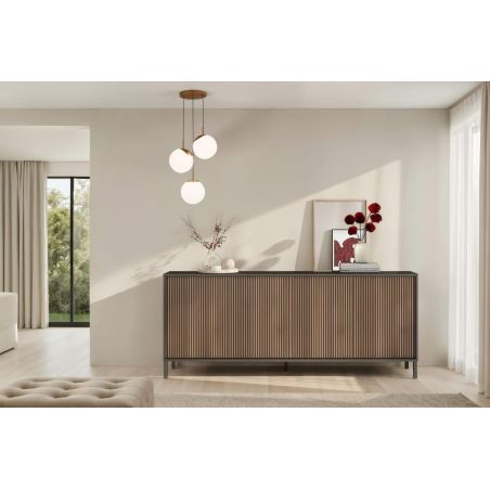 Buffet 205 cm DENZEL avec 4 portes en bois cannelé décor lave / chêne mercure