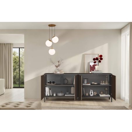 Buffet 205 cm DENZEL avec 4 portes en bois cannelé décor lave / chêne mercure