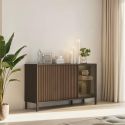 Buffet 155 cm DENZEL cadre alluminium avec 2 portes en bois cannelé et 1 porte vitrée