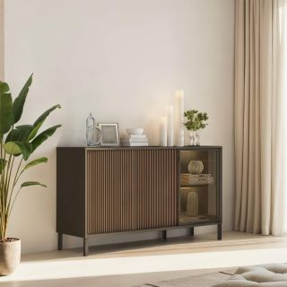 Buffet 155 cm DENZEL cadre alluminium avec 2 portes en bois cannelé et 1 porte vitrée