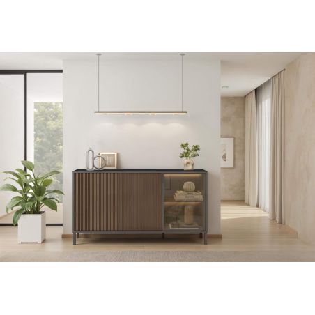 Buffet 155 cm DENZEL cadre alluminium avec 2 portes en bois cannelé et 1 porte vitrée