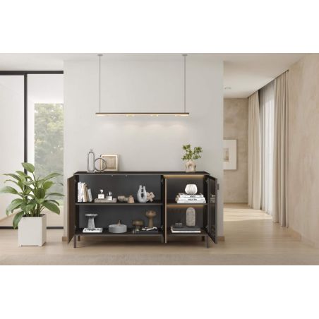 Buffet 155 cm DENZEL cadre alluminium avec 2 portes en bois cannelé et 1 porte vitrée